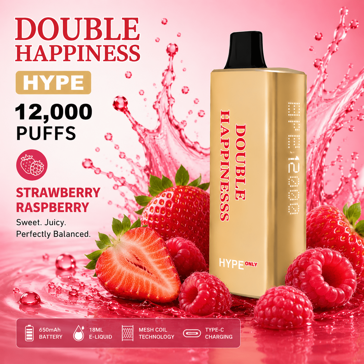 DOUBLE HAPPINESS HYPE STRAWBERRY RASPBERRY – 12000 PUFFS