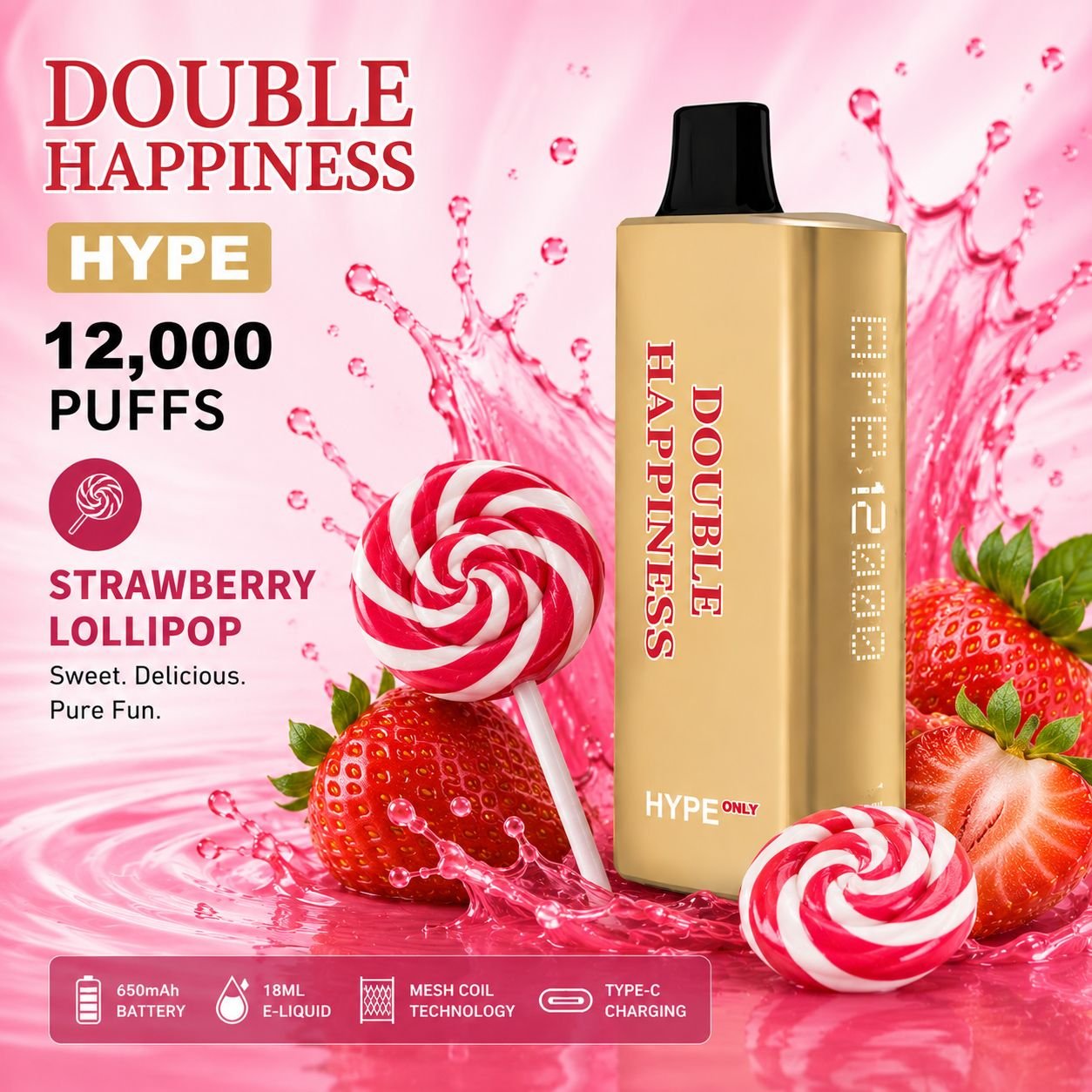 DOUBLE HAPPINESS HYPE STRAWBERRY LOLLIPOP – 12000 PUFFS
